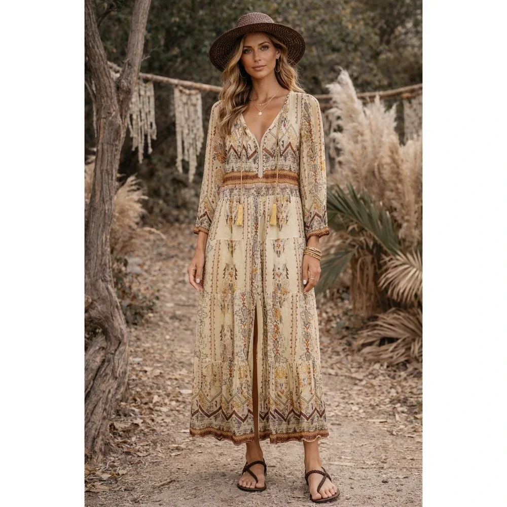 Sundance Maxi Dress Womens‎ 4 Cream Silk Southwestern Print Boho Tassel Tiered
